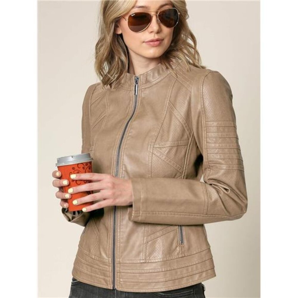 Slim Fit Stylish Vegan Leather Moto Jacket Khaki2